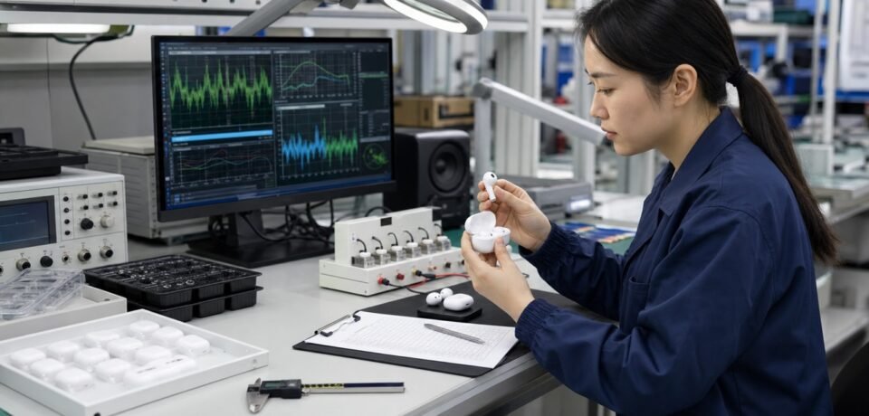 Audio quality engineer inspecting Bluetooth earbuds and charging cases in a test laboratory