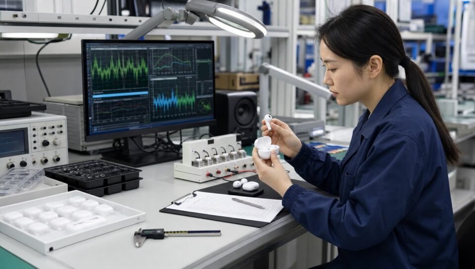 Audio quality engineer inspecting Bluetooth earbuds and charging cases in a test laboratory