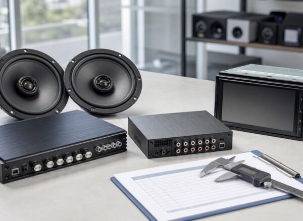 Car audio speakers, amplifier, DSP and head unit checked during China sourcing