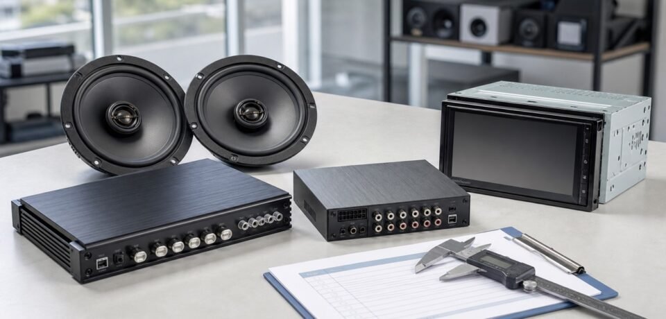 Car audio speakers, amplifier, DSP and head unit checked during China sourcing