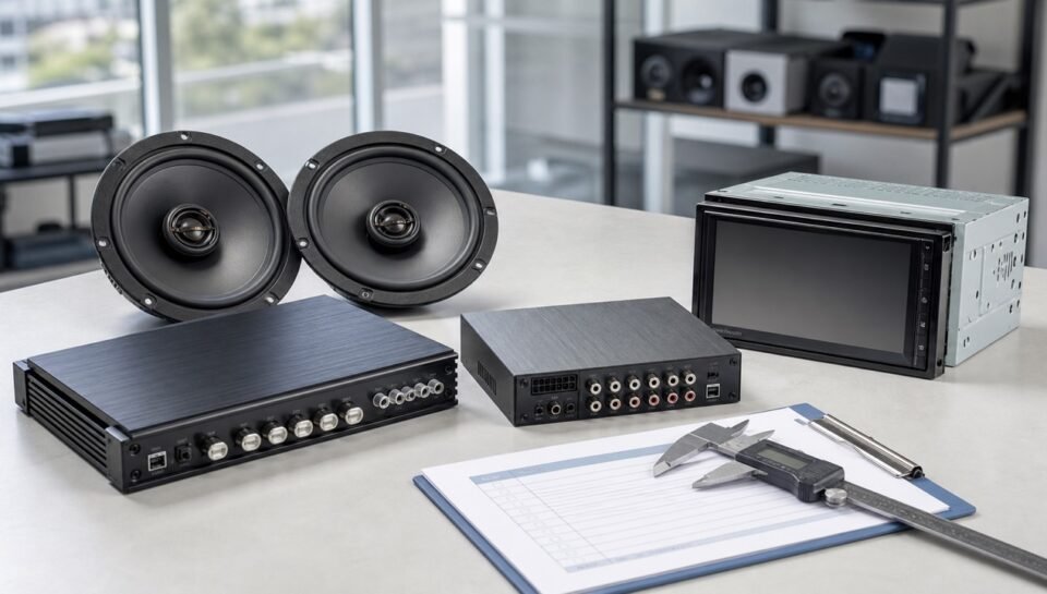 Car audio speakers, amplifier, DSP and head unit checked during China sourcing
