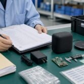 Inspector reviewing electronics samples and compliance documents at a factory in China