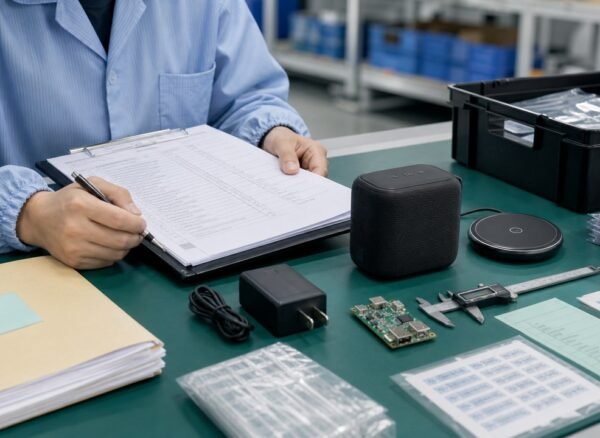 Inspector reviewing electronics samples and compliance documents at a factory in China