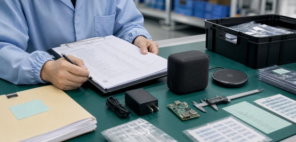 Inspector reviewing electronics samples and compliance documents at a factory in China