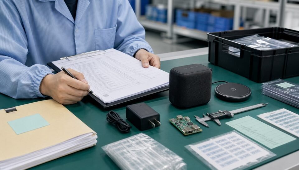 Inspector reviewing electronics samples and compliance documents at a factory in China