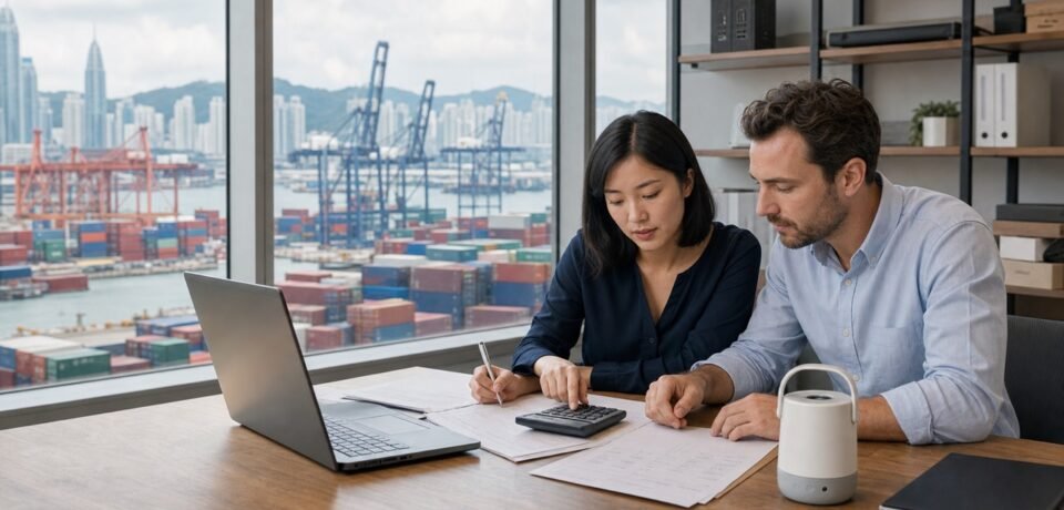 Importer and China sourcing specialist calculating landed cost beside a container port