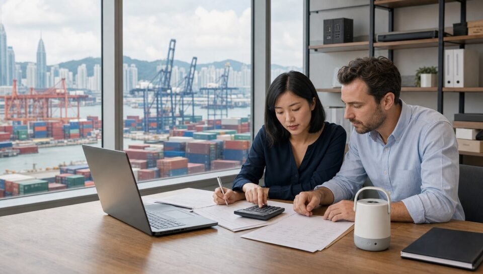 Importer and China sourcing specialist calculating landed cost beside a container port