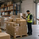 Warehouse staff scanning and checking export cartons for an importer in China