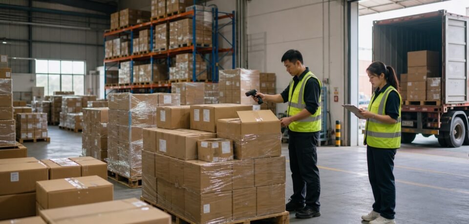 Warehouse staff scanning and checking export cartons for an importer in China