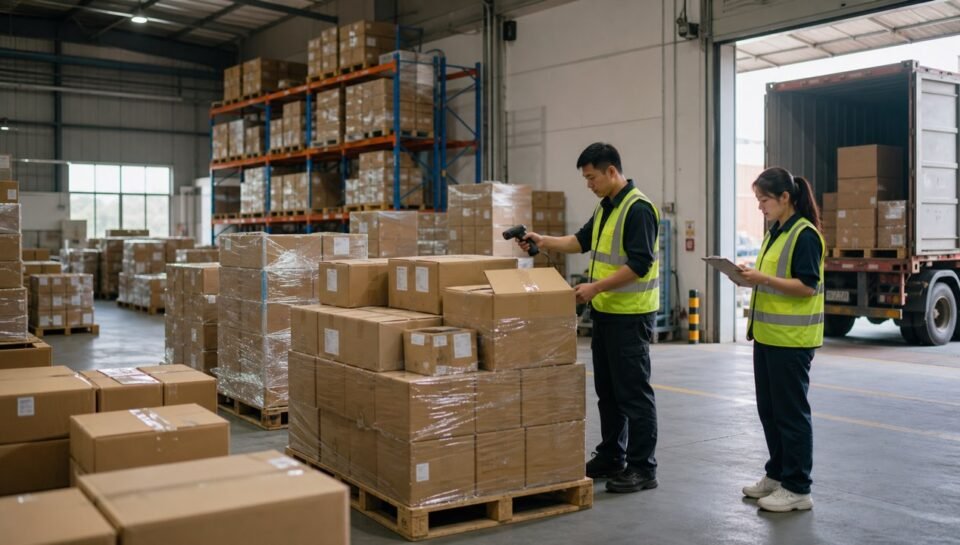 Warehouse staff scanning and checking export cartons for an importer in China