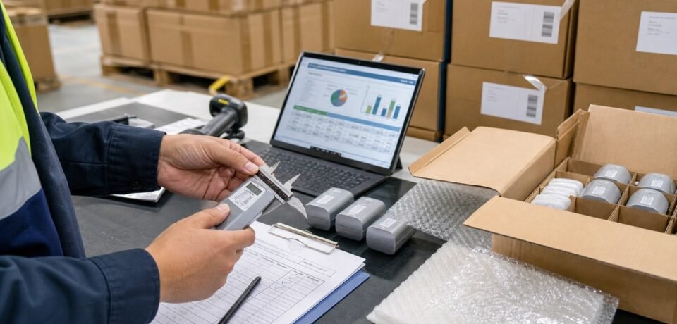 Quality inspector checking products, packaging and cartons before balance payment in China