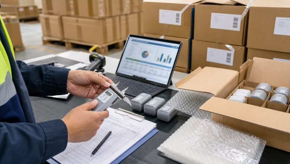 Quality inspector checking products, packaging and cartons before balance payment in China