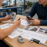 Product engineer and sourcing professional reviewing drawings, prototypes and materials in China