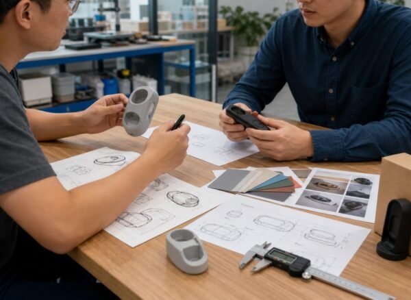product-development-china-manufacturing Product engineer and sourcing professional reviewing drawings, prototypes and materials in China