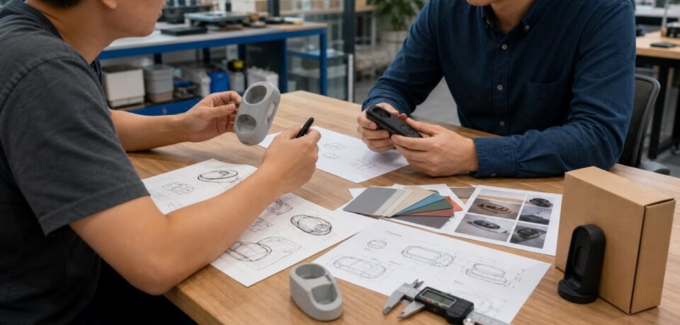 Product engineer and sourcing professional reviewing drawings, prototypes and materials in China