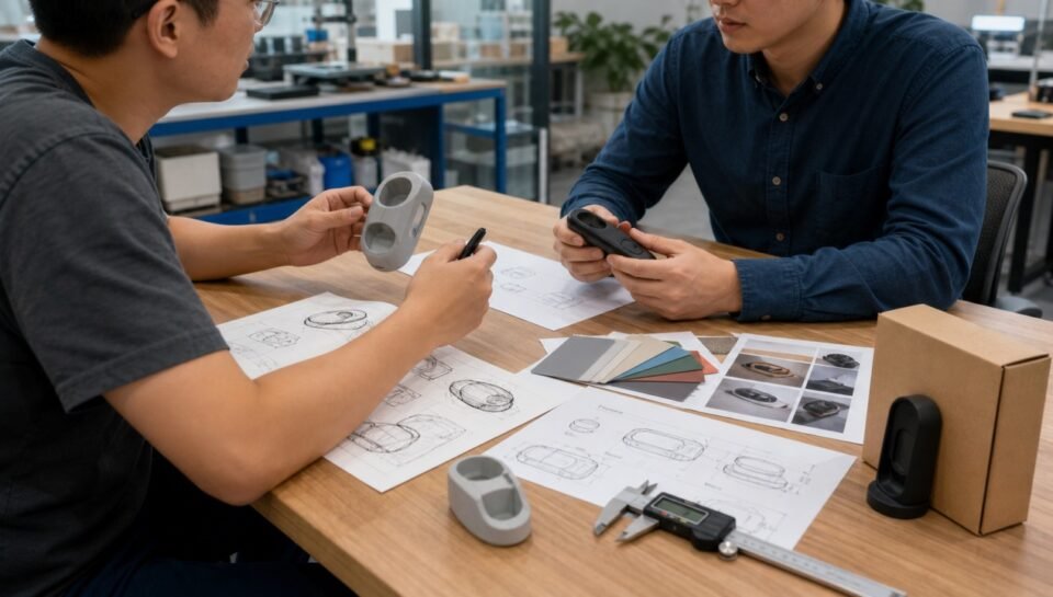 Product engineer and sourcing professional reviewing drawings, prototypes and materials in China
