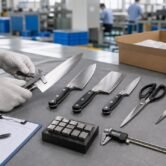 Inspector measuring Yangjiang kitchen knives and scissors during factory quality control in China