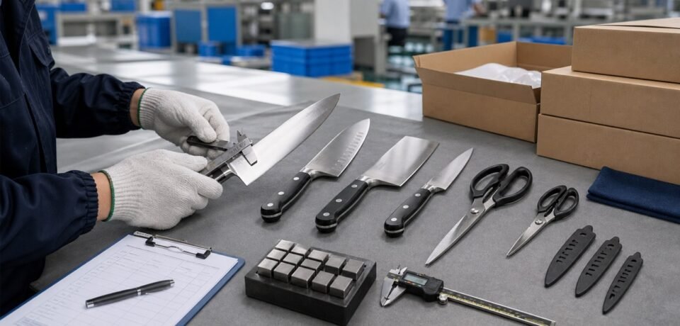 Inspector measuring Yangjiang kitchen knives and scissors during factory quality control in China