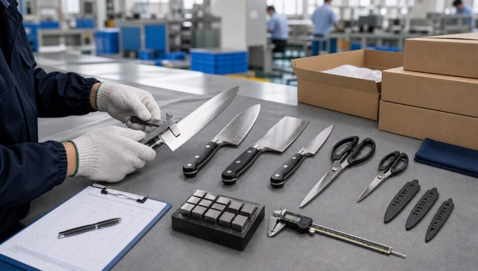 Inspector measuring Yangjiang kitchen knives and scissors during factory quality control in China