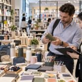 Importer and sourcing professional comparing gifts daily goods and accessories in a Yiwu wholesale showroom