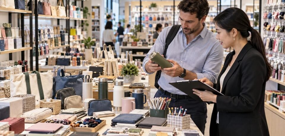 Importer and sourcing professional comparing gifts daily goods and accessories in a Yiwu wholesale showroom