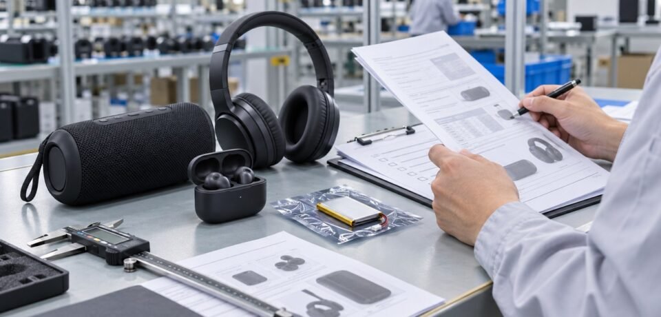 Bluetooth speaker earbuds and headphones checked with compliance and battery documents in a China electronics factory