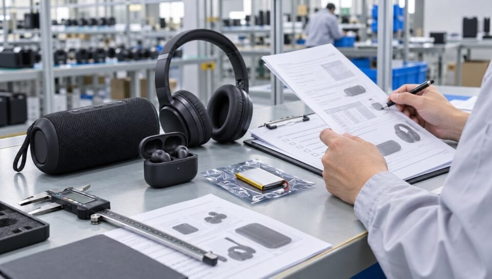 Bluetooth speaker earbuds and headphones checked with compliance and battery documents in a China electronics factory