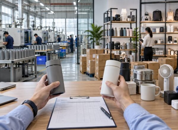Importer comparing samples between a China production factory and a trading company showroom