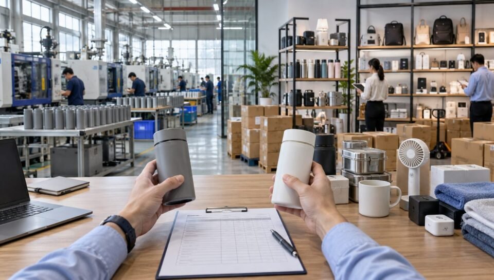 Importer comparing samples between a China production factory and a trading company showroom