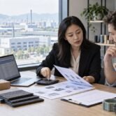 China sourcing agent explaining supplier quotations, service fees and product samples to an importer