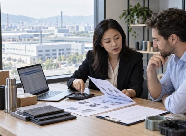 China sourcing agent explaining supplier quotations, service fees and product samples to an importer
