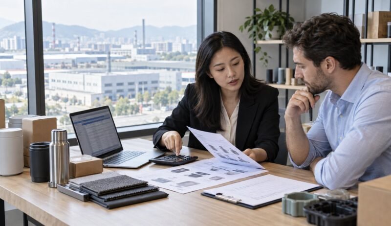 China sourcing agent explaining supplier quotations, service fees and product samples to an importer