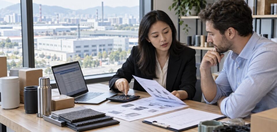 China sourcing agent explaining supplier quotations, service fees and product samples to an importer