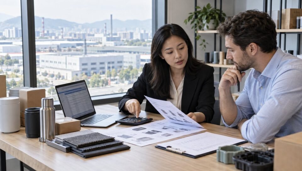 China sourcing agent explaining supplier quotations, service fees and product samples to an importer