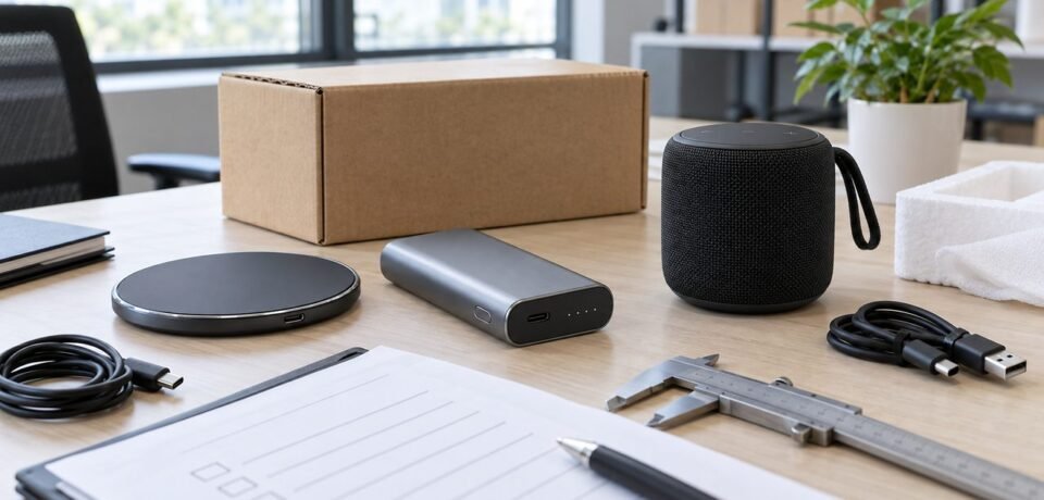 Wireless charger, power bank and portable speaker samples reviewed for custom logo sourcing in China