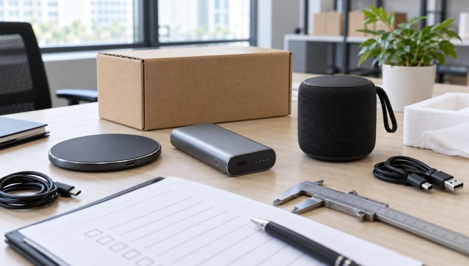 Wireless charger, power bank and portable speaker samples reviewed for custom logo sourcing in China