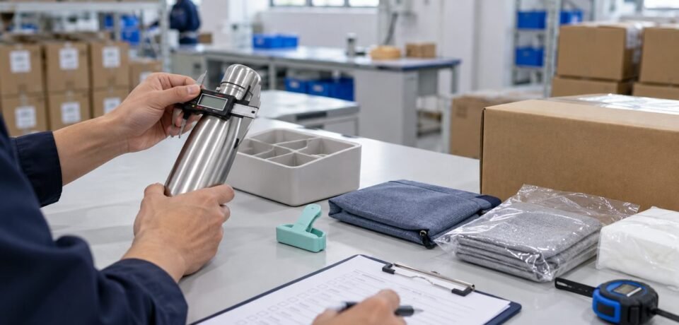 Inspector measuring assorted commodity products during a pre-shipment quality check in China