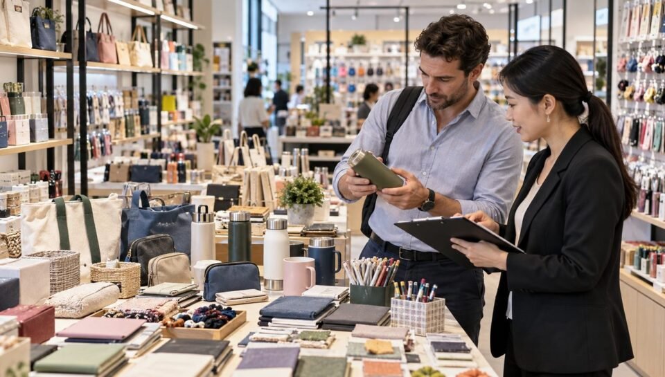 Importer and sourcing professional comparing wholesale product samples in a Chinese market