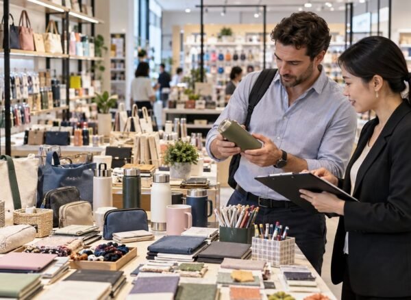 china-sourcing-agent-small-businesses Small business importer comparing product samples with a China sourcing professional in a wholesale market