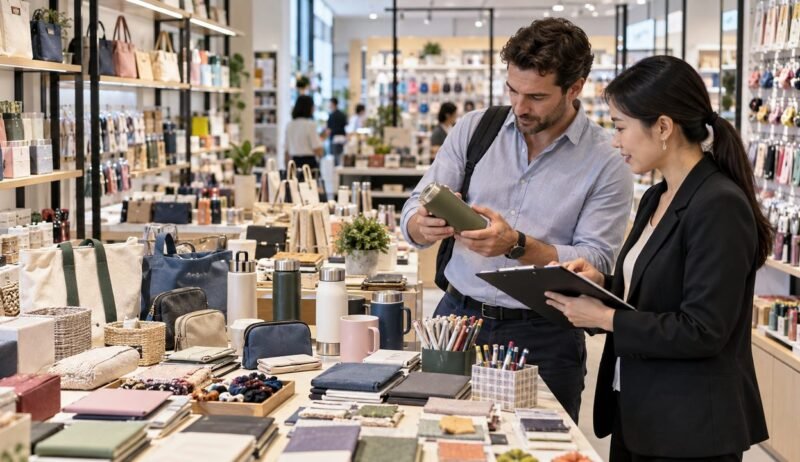 Buyer and sourcing professional comparing small commodity samples in a China wholesale showroom