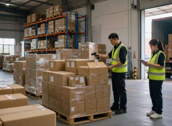 consolidate-small-commodity-orders-china Warehouse team checking labeled mixed small commodity cartons before consolidating an export shipment in China