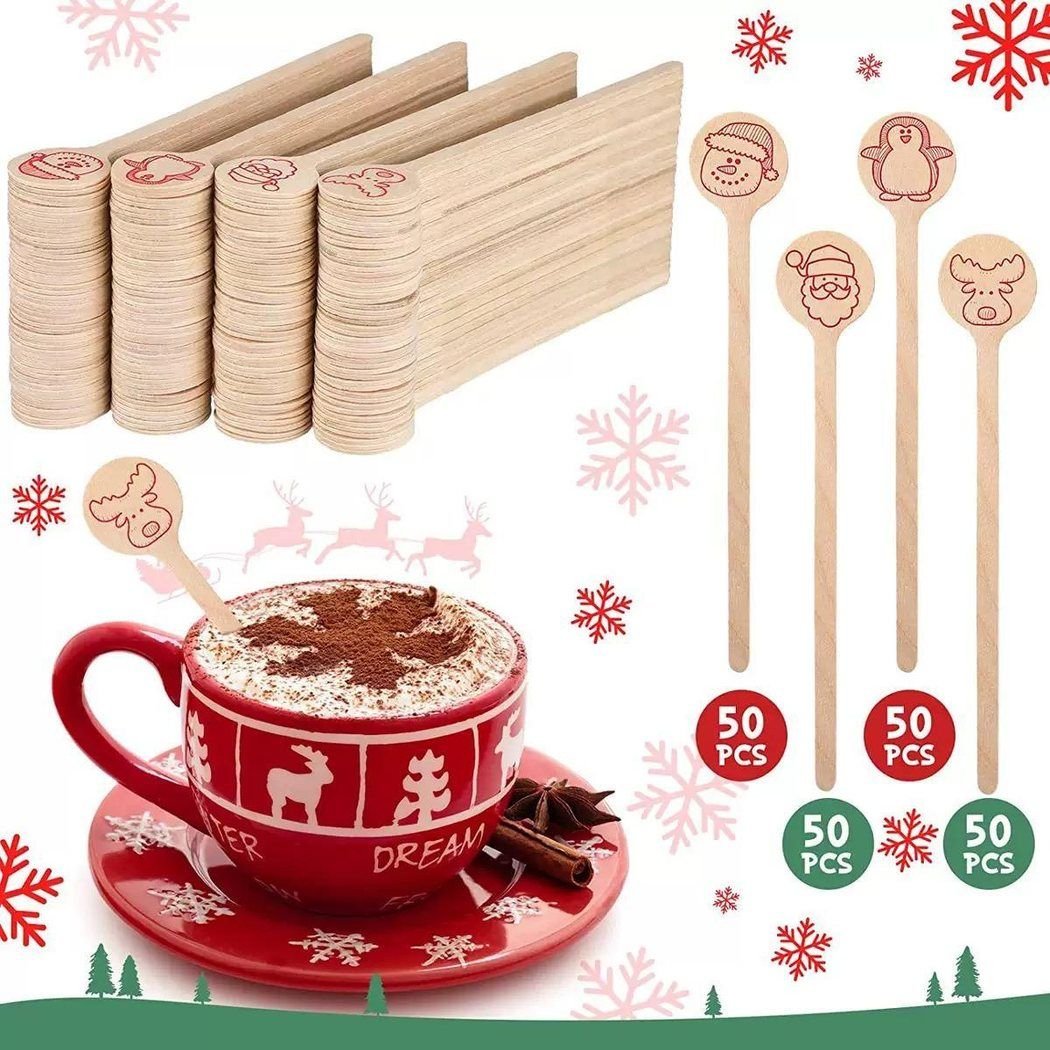 Wooden Christmas coffee stirrer reference designs with festive motifs