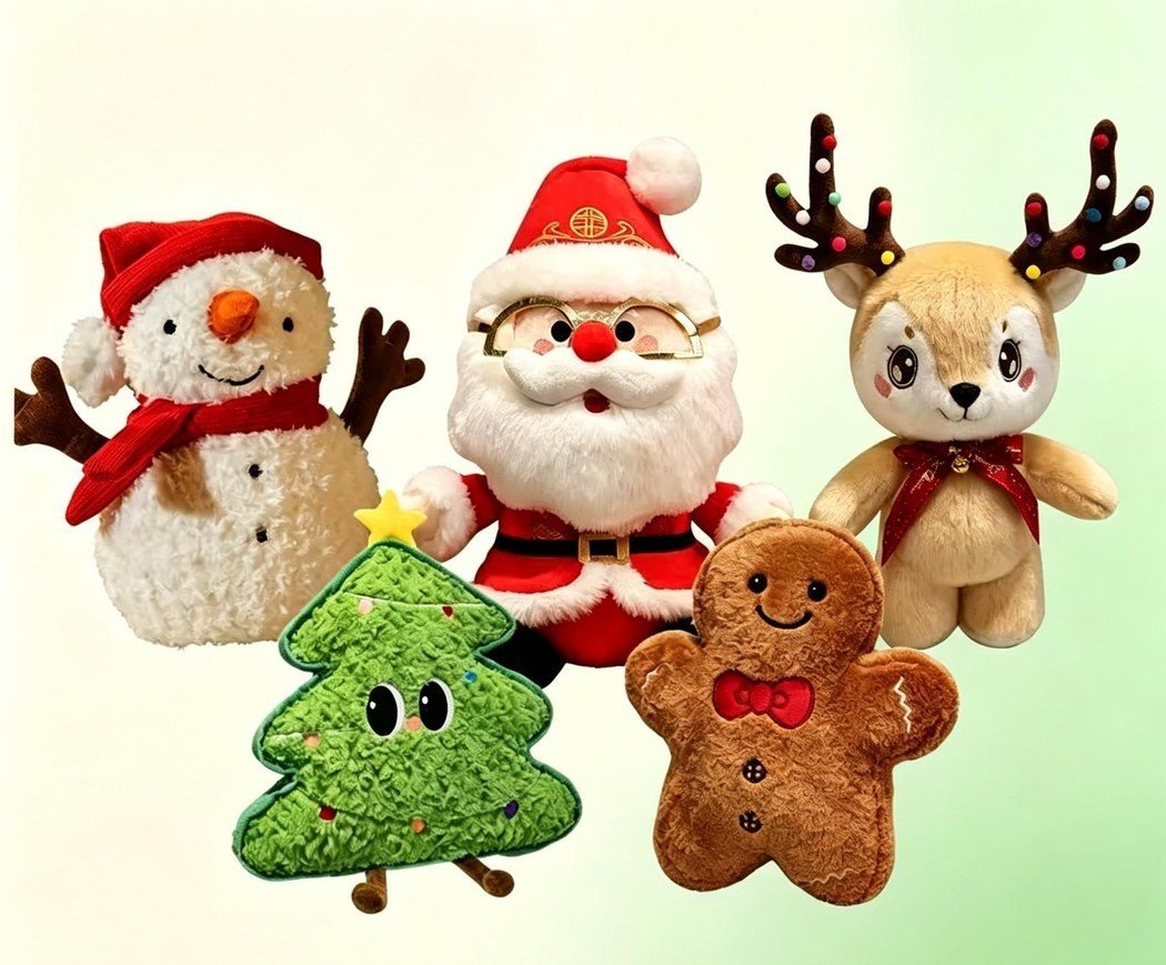 Christmas plush reference designs including Santa, snowman, reindeer, tree and gingerbread shapes