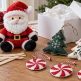 Illustrative Christmas gift samples with plush toy, wooden stirrers, fabric ornaments and gift packaging