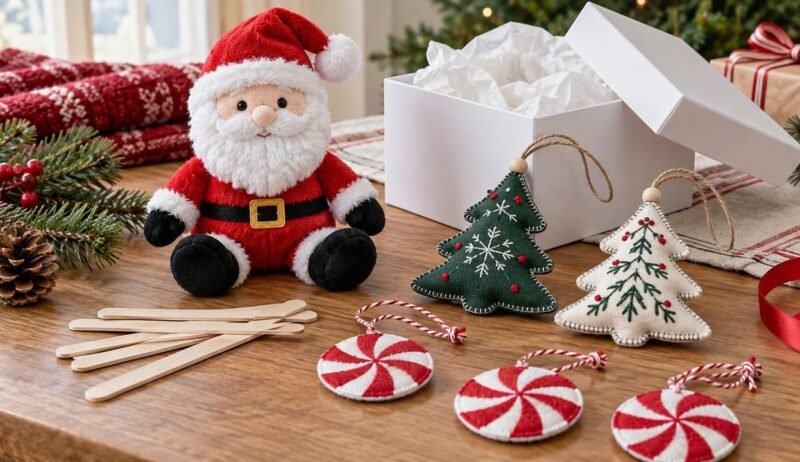 Illustrative Christmas gift samples with plush toy, wooden stirrers, fabric ornaments and gift packaging