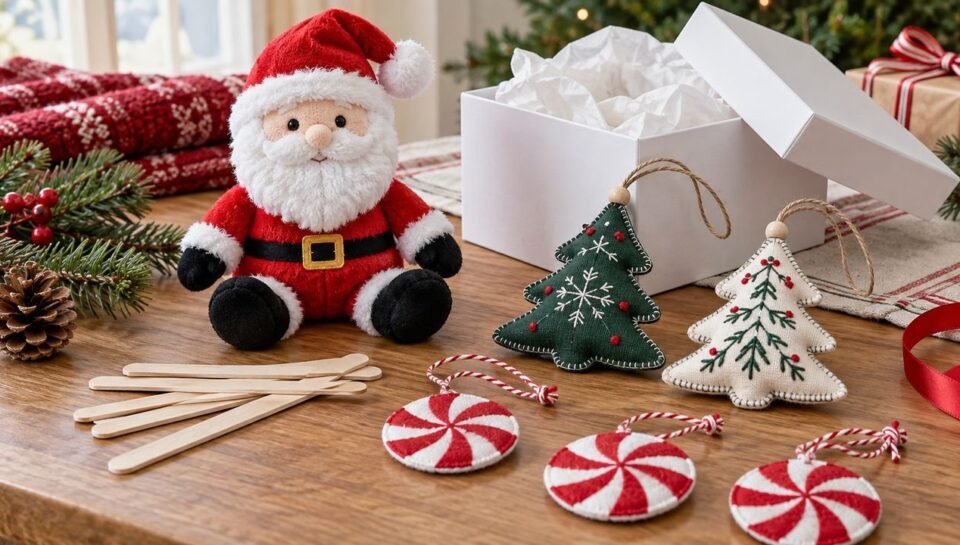 Illustrative Christmas gift samples with plush toy, wooden stirrers, fabric ornaments and gift packaging
