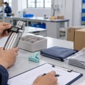 Inspector checking product dimensions and recording findings beside packed commodity samples in China