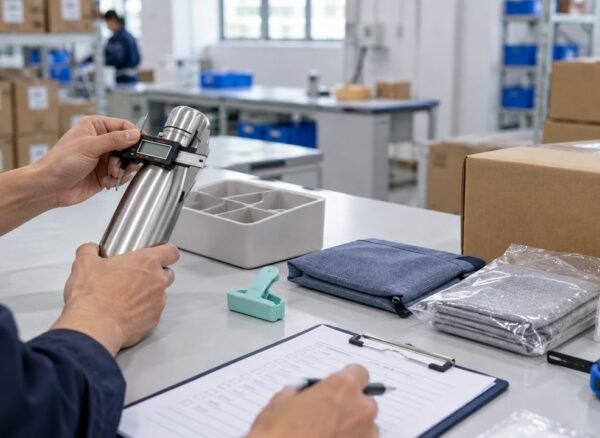 Inspector checking product dimensions and recording findings beside packed commodity samples in China