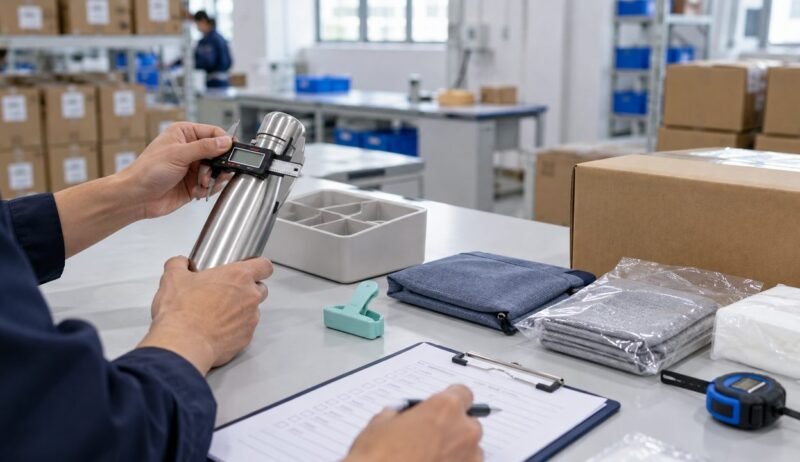 Inspector checking product dimensions and recording findings beside packed commodity samples in China