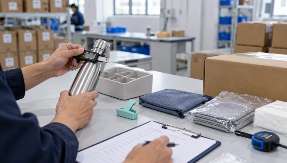 Inspector checking product dimensions and recording findings beside packed commodity samples in China